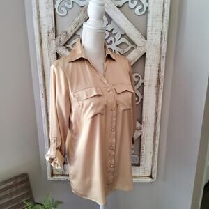 Notations Roll Tab Sleeve Collar Button Down Pocket Satin Blouse Gold Champagne